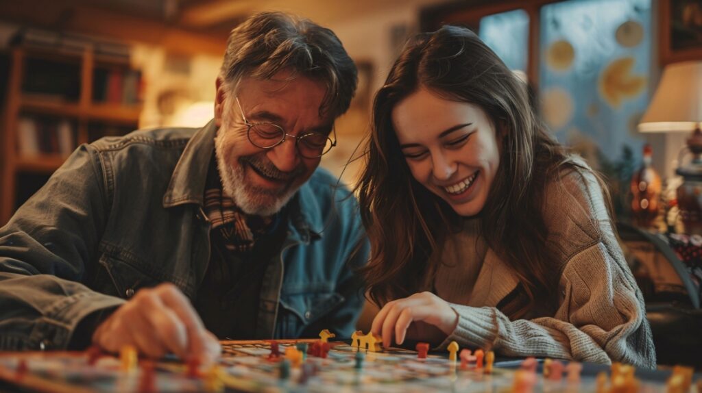 uśmiechnięci tata z córka grają wieczorowa pora w gry planszowe uczyc sie bawiac nauka angielskiego Preston Publishing