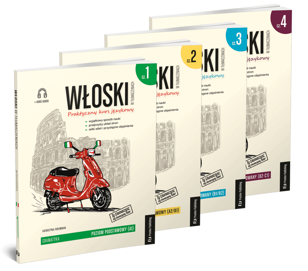 okładki serii książek do nauki języka włoskiego od wydawnictwa Preston Publishing włoski w tłumaczeniach gramatyka części od 1 do 4