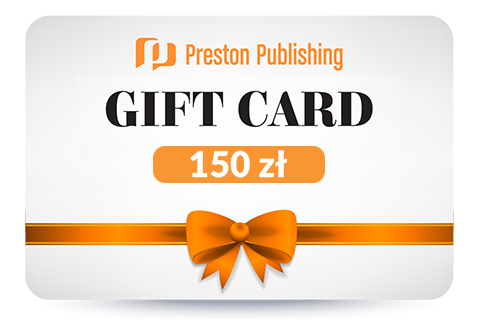 Karta p[odarunkowa Gift Card 150 `zł Preston Publishing z pomarańczowa wstążka i kokarda