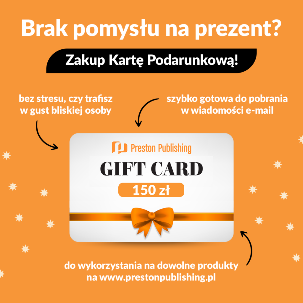 grafika na pomarańczowym tle z Kartą podarunkową Gift Card 150 zł Preston Publishing z pomarańczowa wstążka i kokarda