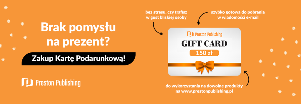 grafika na pomarańczowym tle z Kartą podarunkową Gift Card 150 zł Preston Publishing z pomarańczowa wstążka i kokarda i napisem Brak pomysłu na prezent