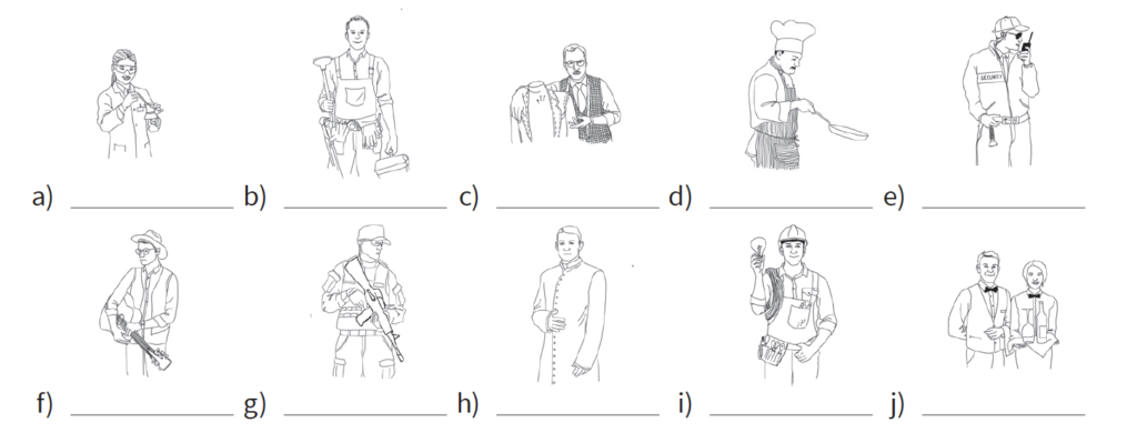 ilustracja z zadaniem dotyczącym odgadywania nazw zawodów po angielsku z książki Angielski 365 dzień po dniu do nauki języka metoda 365 wydawnictwa Preston Publishing 