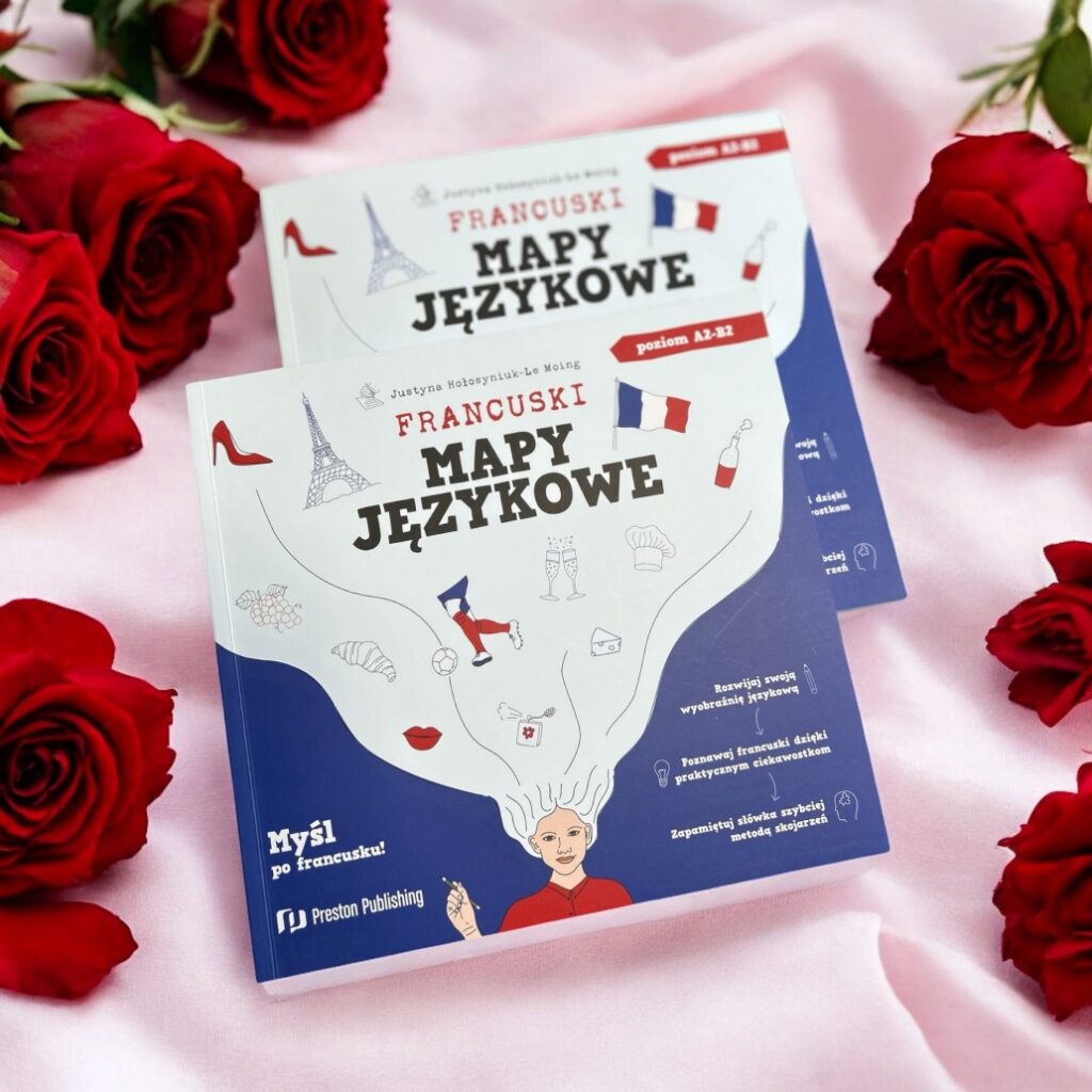 okładki książki mapy językowe francuski na tle różowego materiału i czerwonych róż słownictwo francuskie o miłości Preston Publishing