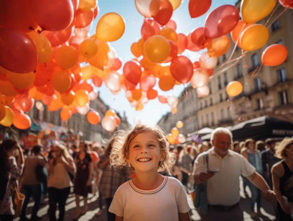 uśmiechnięte dziecko na tle pochodu po ulicach miasta a nad nim kolorowe pomarańczowe żółte i czerwone balony wzlatujący do nieba francuskie święta regionalne Preston Publishing