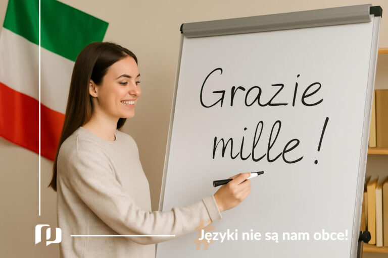 dziewczyna na tle włoskiej flagi pisząca na tablicy razie mille dziękuję po włosku Preston Publishing