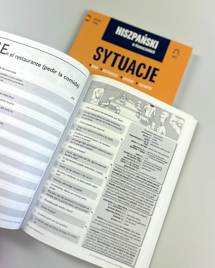 rozkładówka książki Hiszpański w tłumaczeniach sytuacje Preston Publishing w restauracji zamawianie posiłków i napojów