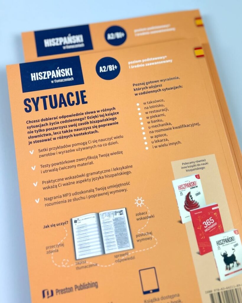 okładka tylna książki hiszpański w tłumaczeniach sytuacje Preston Publishing