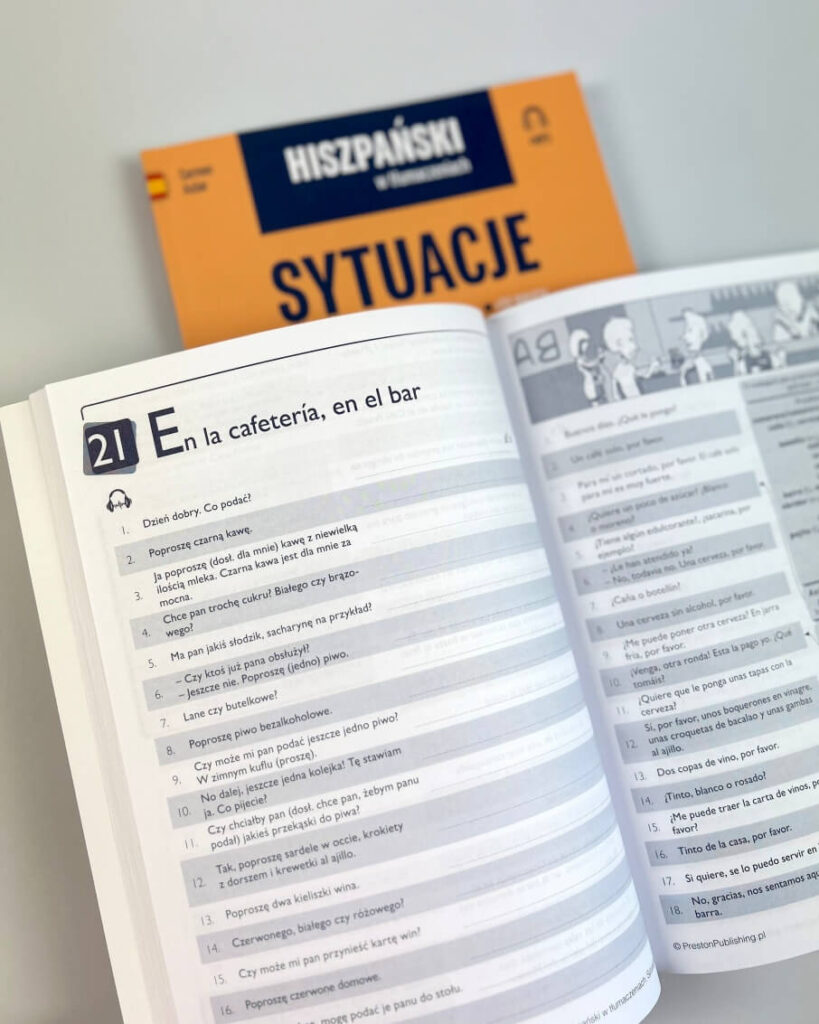 rozkładówka książki Hiszpański w tłumaczeniach sytuacje Preston Publishing w restauracji zamawianie posiłków