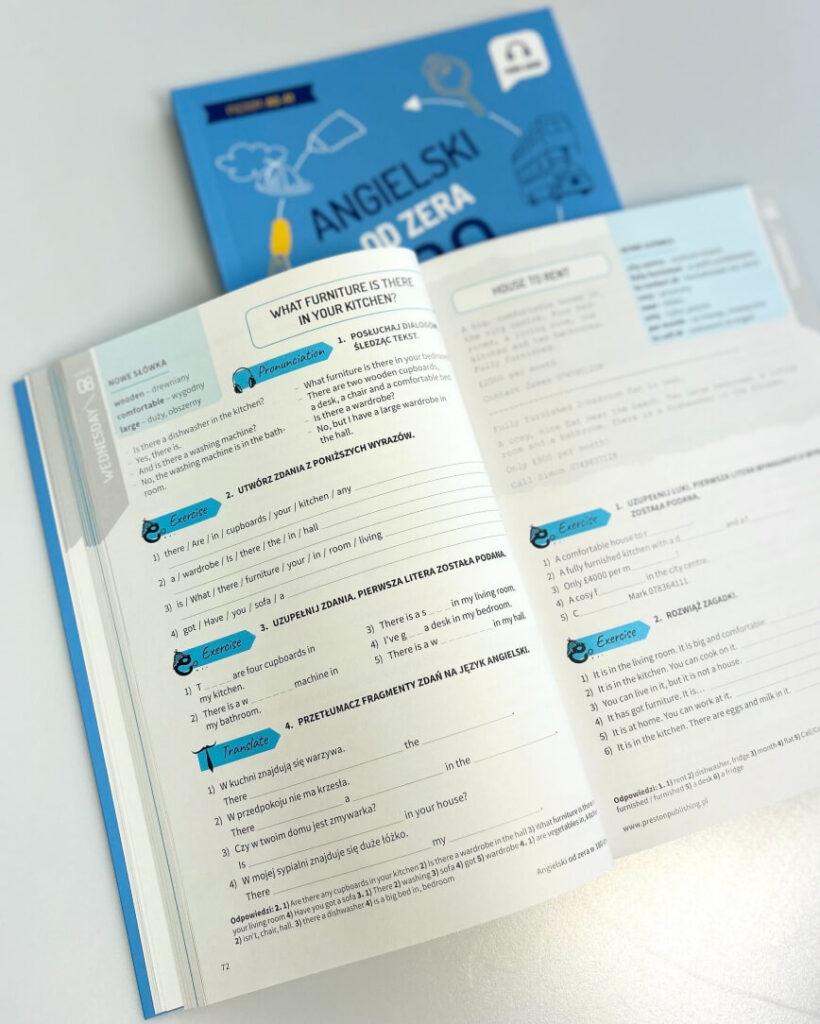 rozkładówka książki Angielski od zera w 180 dni Preston Publishing nauka języków obcych there is there are ćwiczenia utrwalające