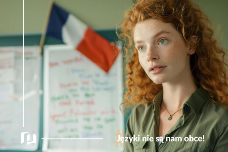 dziewczyna zastanawia się nad czymś stojąc na tle francuskiej flagi i tablicy z wyrażeniami po francusku tryb łączący w języku francuskim Preston Publishing