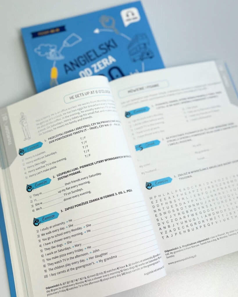 codzienne czynności i dni tygodnia rozkładówka książki Angielski od zera w 180 dni od Preston Publishing