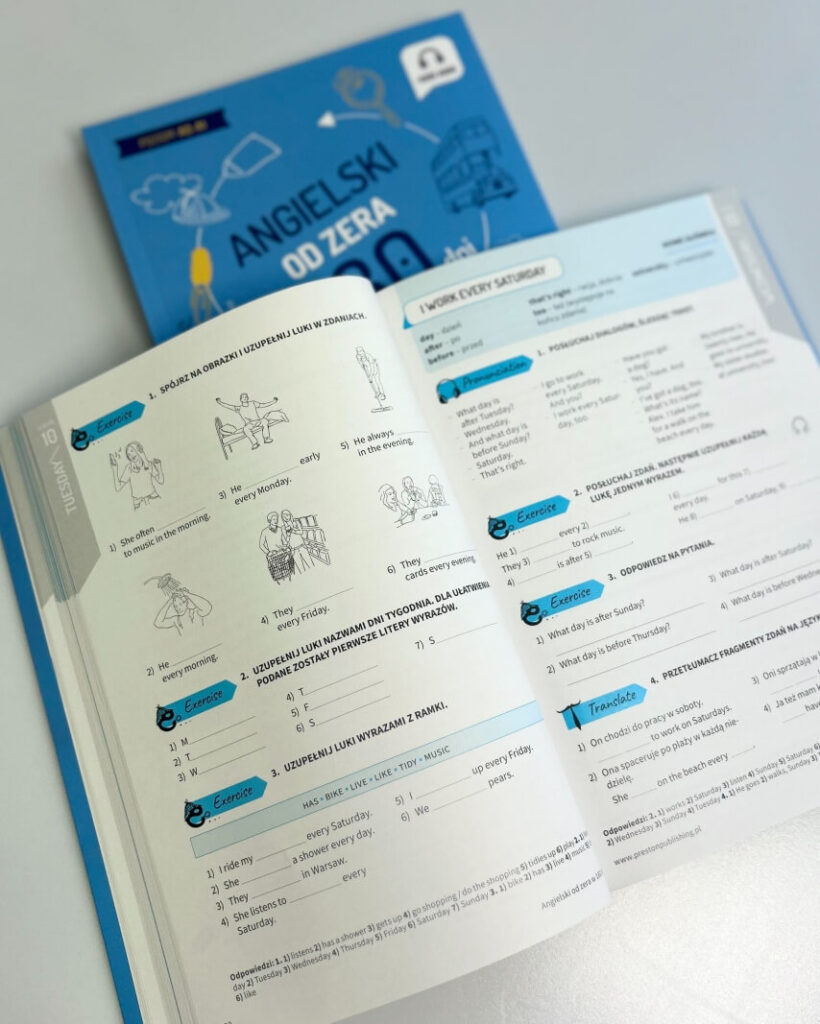 codzienne czynności po angielsku rozkładówka książki do nauki języka angielskiego od zera w 180 dni od wydawnictwa Preston Publishing