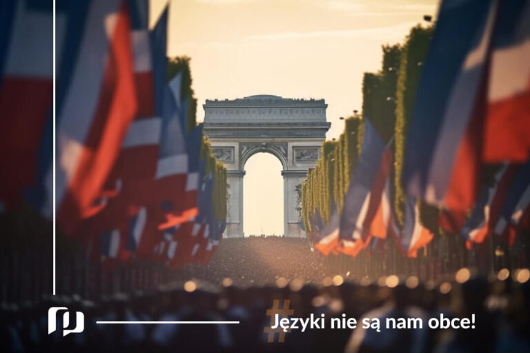 widok na francuska ulice prowadząca do Luku triumfalnego z tłumami ludzi na ulicach świętującymi ppanstwowe święto dookoła duże flagi francuskie nauka języka francuskiego Preston Publishing