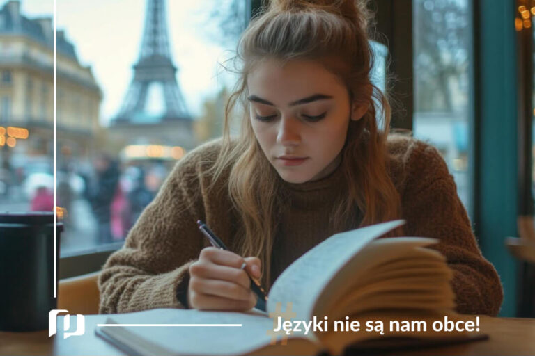 dziewczyna we francuskiej kawiarni z wieża Eiffla za oknem w tle uczy się z własnych notatek języka francuskiego bezokolicznik w języku francuskim Preston Publisihing