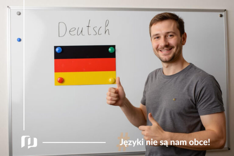 mężczyzna z kciukami uniesionymi w góry stojący przed tablica z niemiecka flaga i napisem Deutsch nauka języka niemieckiego podstawowe zwroty Preston Publishing