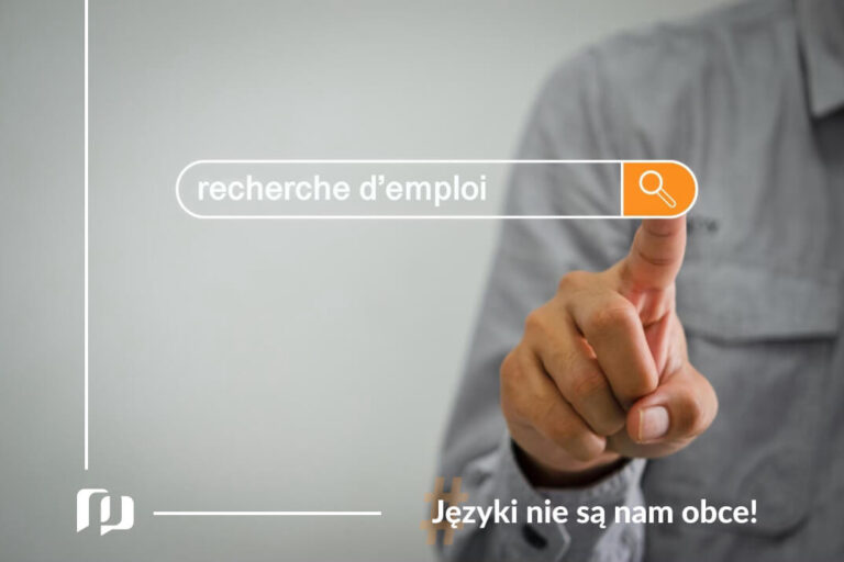 ręka klikającą na ekranie w przycisk wyszukiwania w wyszukiwarce z napisem rechcerche emploi poszukiwanie pracy po francusku jak napisać cv Preston Publishing