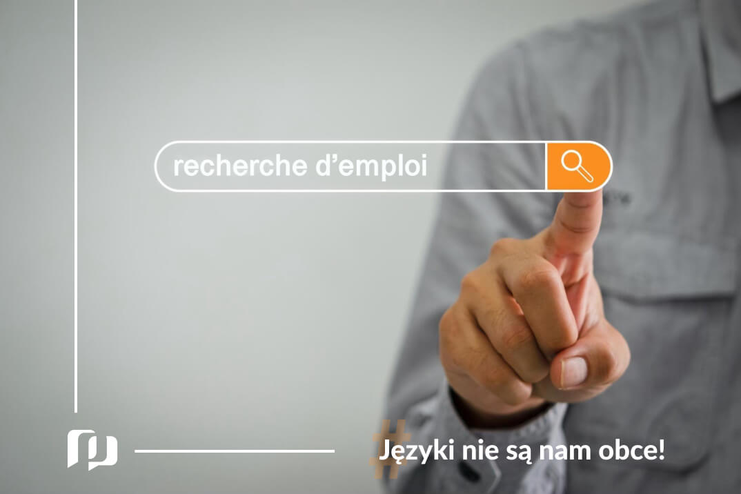 ręka klikającą na ekranie w przycisk wyszukiwania w wyszukiwarce z napisem rechcerche emploi poszukiwanie pracy po francusku jak napisać cv Preston Publishing