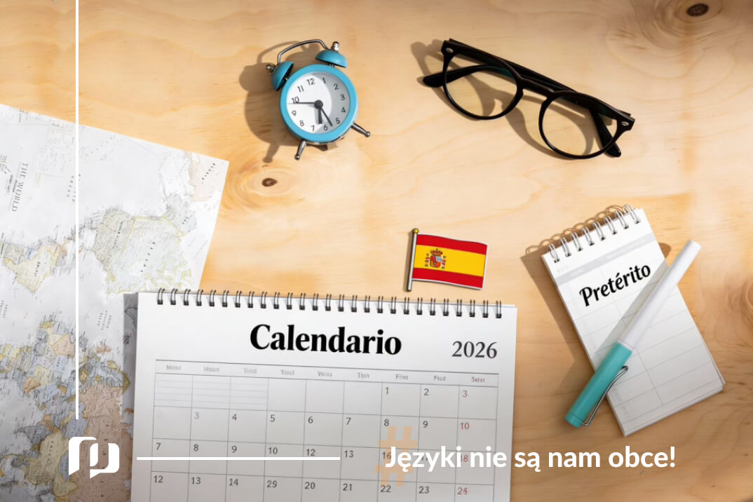 na biurku kalendarz hiszpański, okulary i notatnik z napisem Preterito oraz budzik okulary i mapa nauka czasów w języku hiszpańskim Preterito Imperfecto Preston Publishing