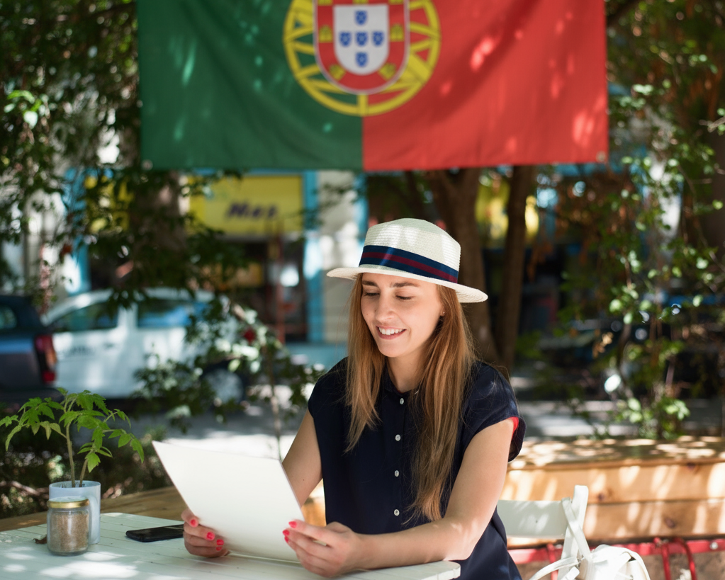 dziewczyna w kawiarni czyta notatki nauka portugalskiego od podstaw Preston Publishing