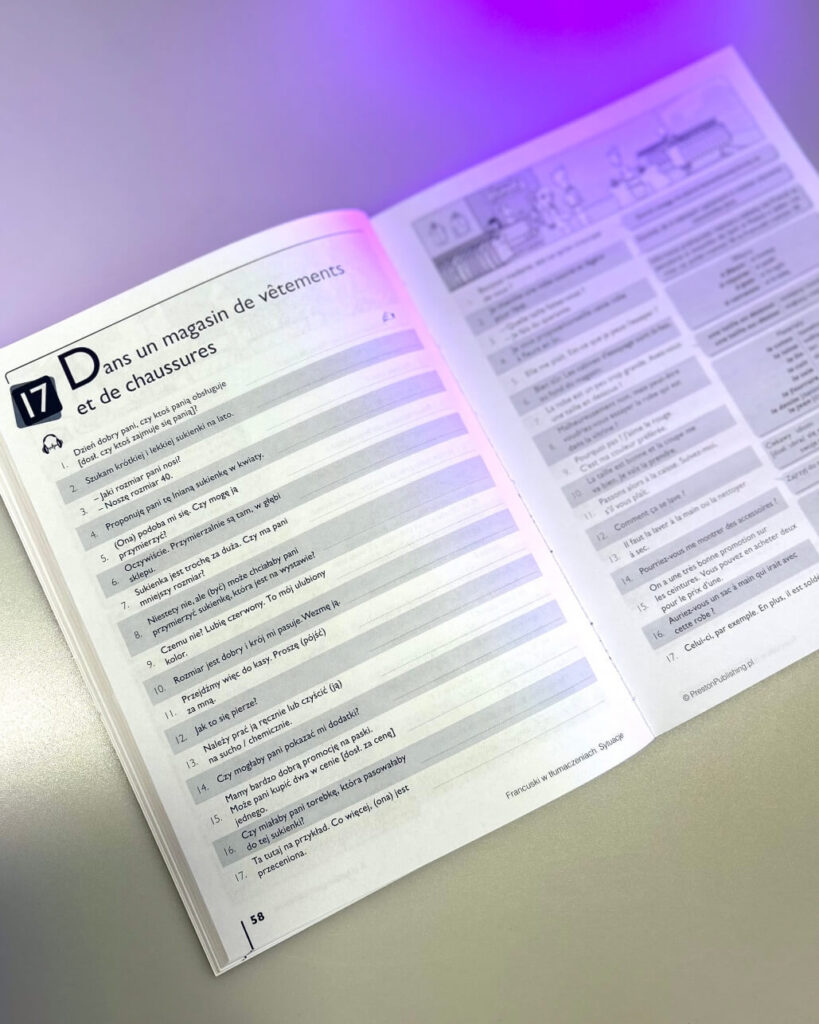 rozkładówka książki Francuski w tłumaczeniach sytuacje od Preston Publishing wizyta w sklepie nauka języków obcych