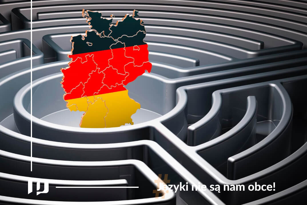 kontur Niemiec w kolorze flagi niemieckiej w środku labiryntu odmiana rzeczowników niemieckich nauka języków z Preston Publishing