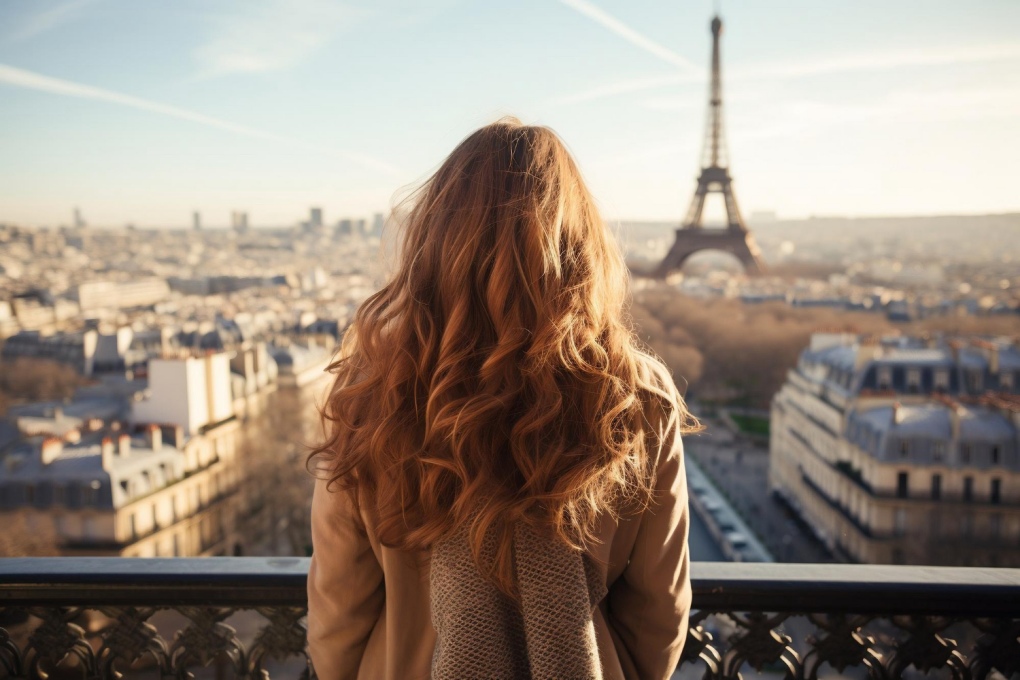 dziewczyna z długimi włosami stojąca tyłem do fotografującego zapatrzona z balkonu na krajobraz z wieża Eiffla i Paryżem podstawowe zwroty po francusku nauka języków z Preston Publishing