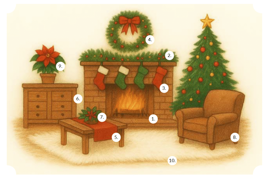 ilustracja salonu z kominkiem fotelem i choinka z duża ilością ozdób świątecznych nauka słownictwa świątecznego po angielsku Preston Publishing