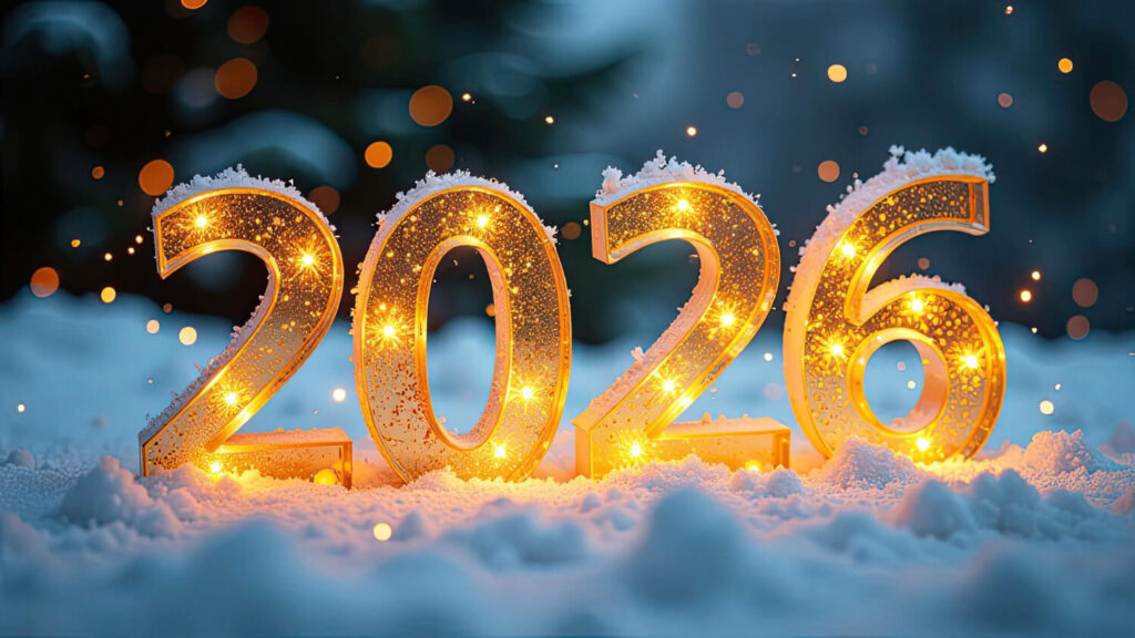 napis 2026 w postaci oświetlonych lampkami cyfr wykutych w lodzie na zimowym tle nauka języków na nowy rok ucz się z Prestonem