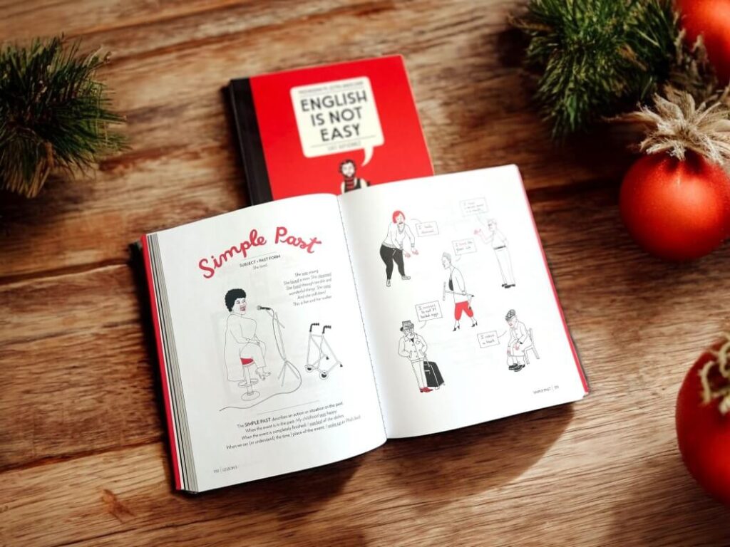 okładka i rozkładówka książki Enslish is not easy na tle bombek świątecznych i gałązek choinkowych nauka języków obcych z Preston Publishing