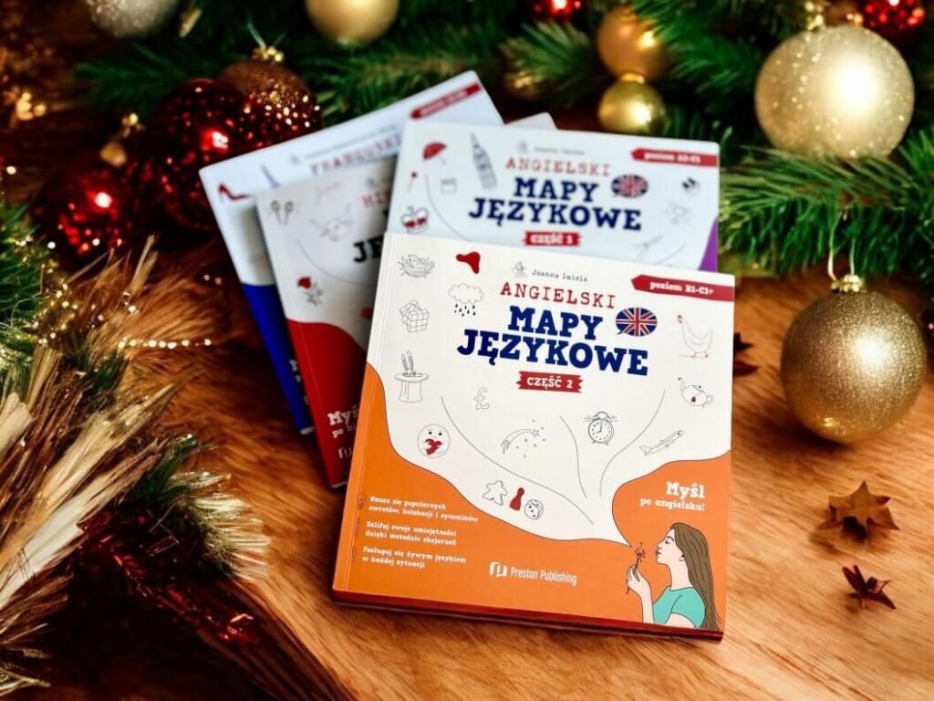seria Mapy językowe od Preston Publishing na swiatcznym tle choinki i bombek nauka języków obcych