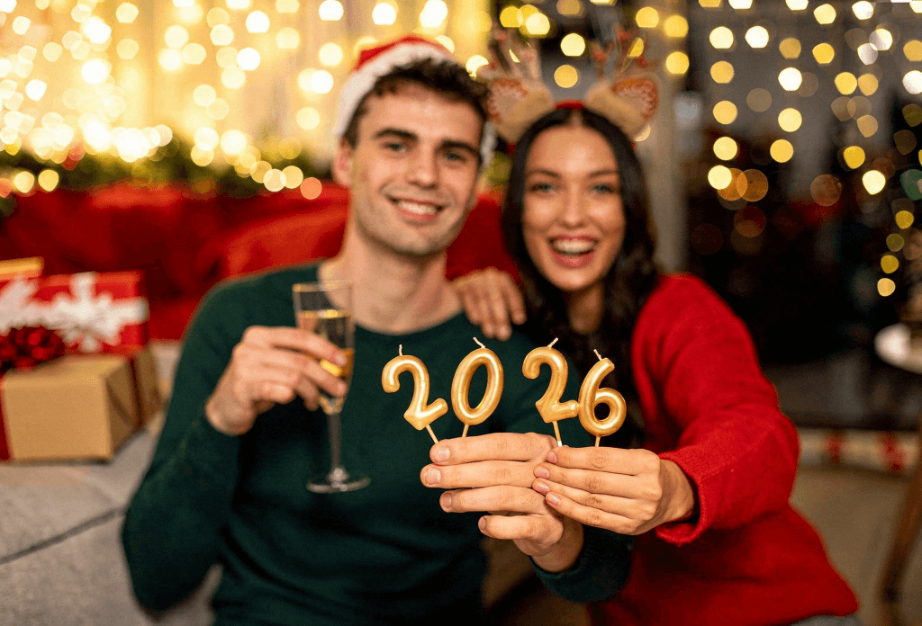 para w odświętnych świątecznych strojach trzymająca w rekach małe świeczki układające się w napis 2026 nauka języków z Preston Publishing 