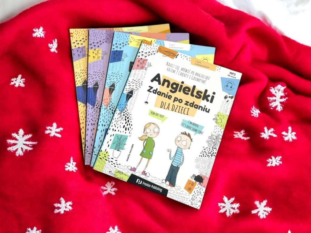 okładki serii dla dzieci zdanie po zdaniu do nauki języków od Preston Publishing na świątecznym tle czerwonego kocyka ze śnieżynkami