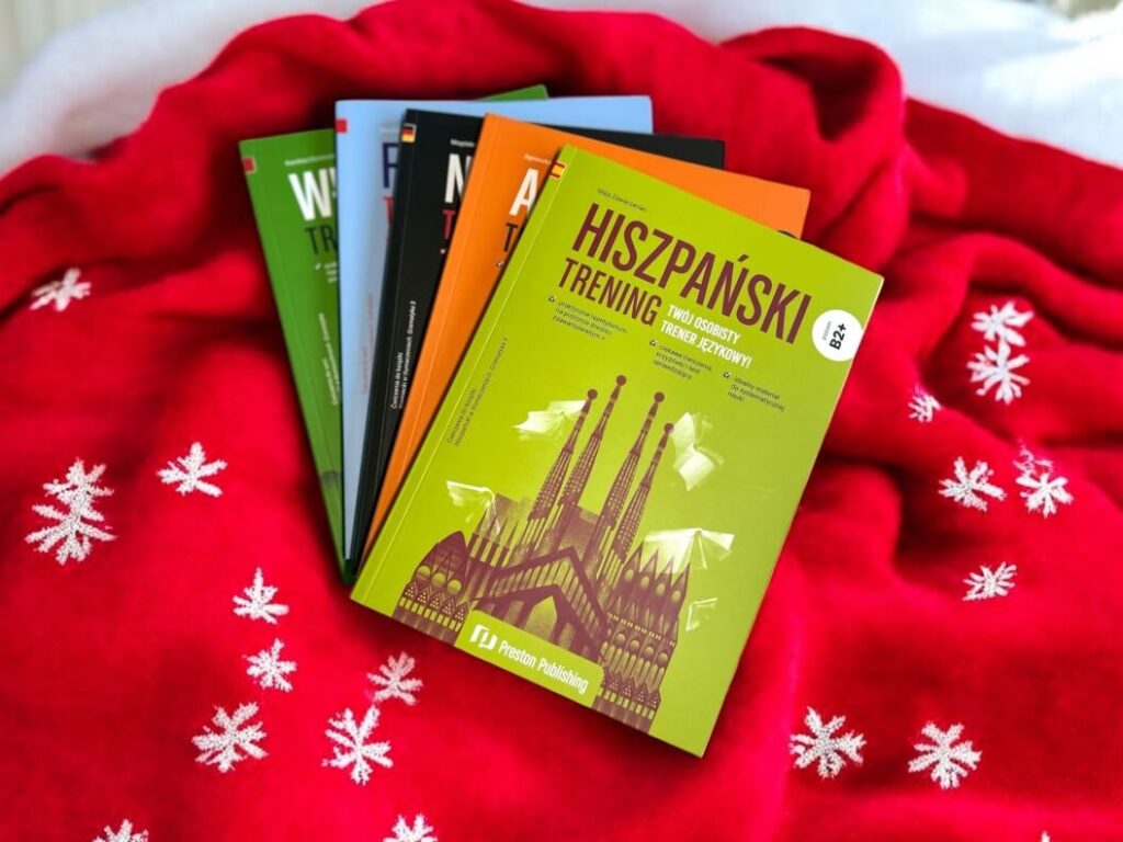 seria książek do nauki języków Trening gramatyczny od Preston Publishing na tle swiateznym idealny prezent na święta