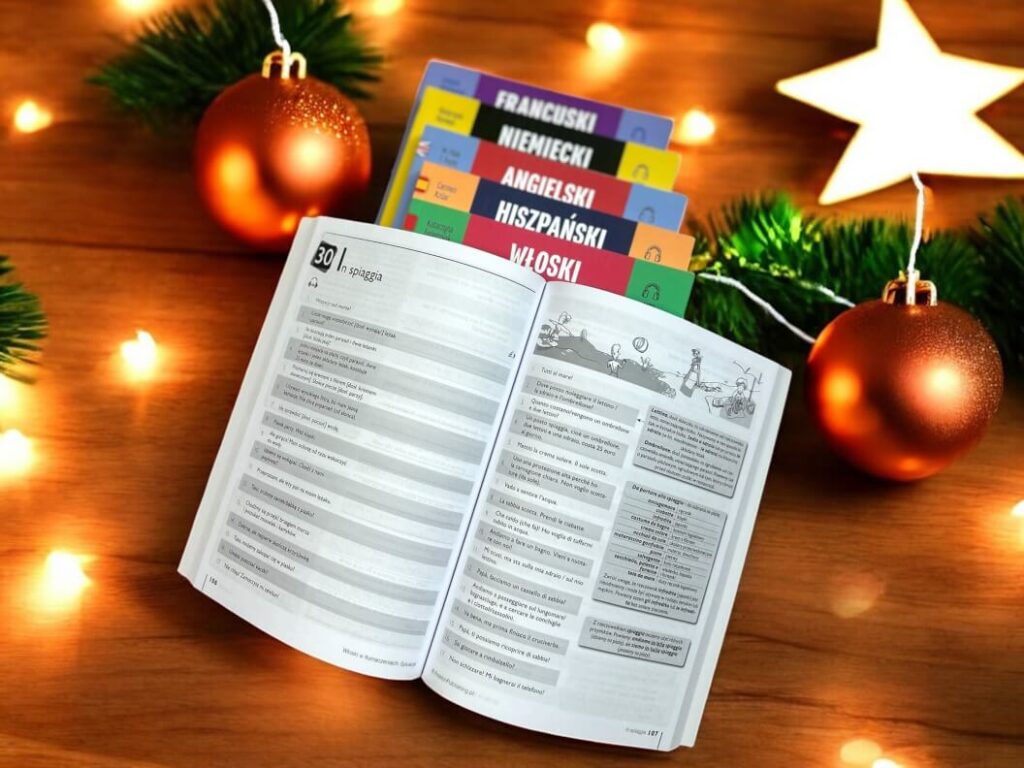 okładki i rozkładówka serii książek do nauki języków W tłumaczeniach Sytuacje od Preston Publishing w swiatecznej oprawie