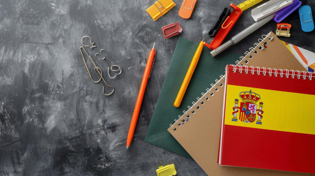 biurko z rozsypanymi kredkami, długopisami i notesami w tym jeden z hiszpańska flaga nauka języka hiszpańskiego z Preston Publishing Preterito Imperfecto