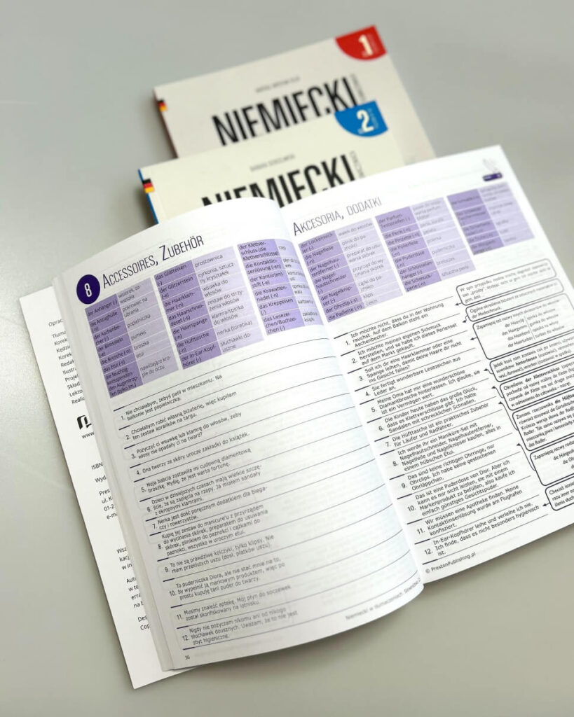 rozkładówka książki do nauki języka Niemiecki w tłumaczeniach Słownictwo od Preston Publishing