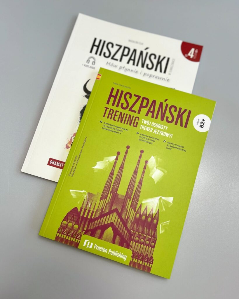 okładki książek do nauki hiszpańskiej gramatyki od Preston Publishing Hiszpański w tłumaczeniach Gramatyka i Hiszpański trening