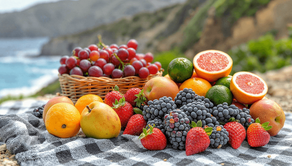 kosz z owocami i poukładane sterty owoców na kocu na tel widoku morza z klifami włoskie klimaty i nauka włoskiego owoce po włosku Preston Publishing