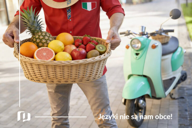 mężczyzna we Włoszech niosący kosz z owocami które przywiózł skuterem Vespa nauka włoskiego z Preston Publishing