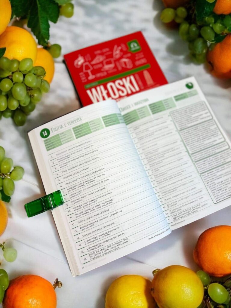 rozkładówka książki Woski w tłumaczeniach słownictwo od Preston Publishing nazwy owoców po włosku