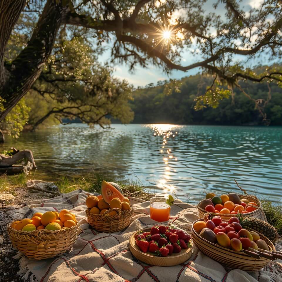 włoskie owoce na kocu piknikowym na tle jeziora ze słońcem prześwitującym przez konary drzew nauka języków z Preston Publishing