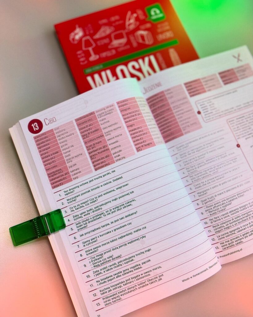 rozkładówka książki do nauki włoskiego słownictwa metoda tłumaczenia zdań od Preston Publishing