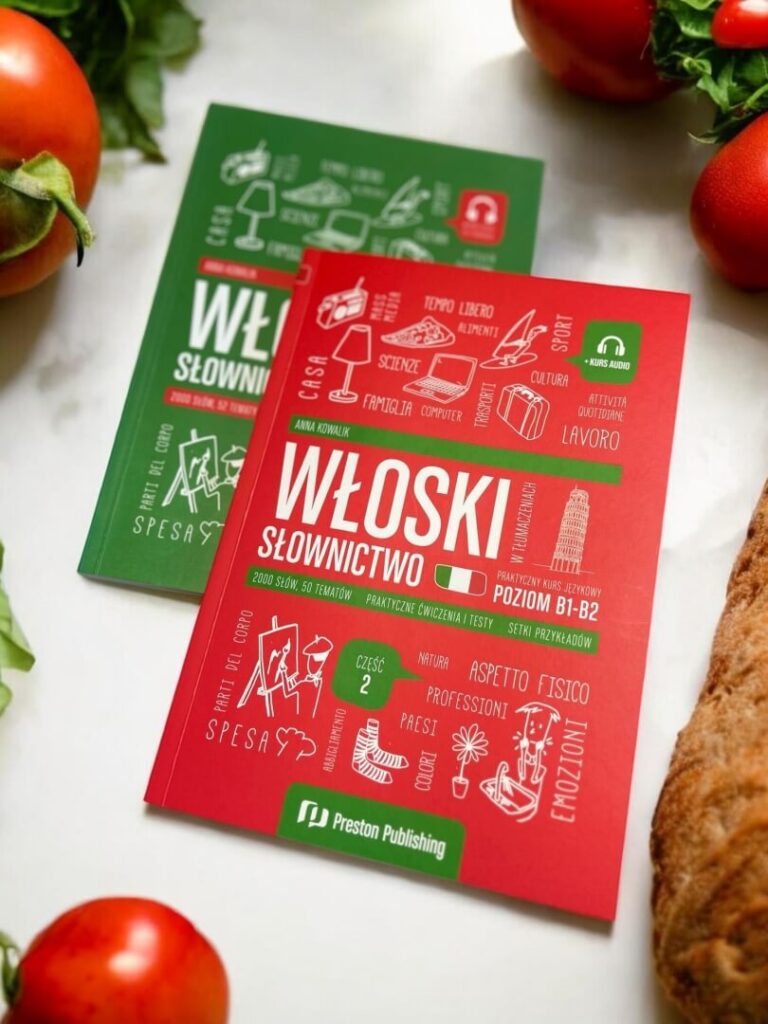 okładki zestawu książek do nauki słownictwa włoskiego od Preston Publishing metoda tłumaczenia zdań