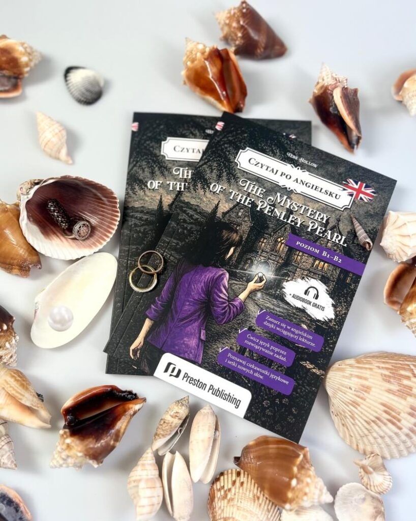 okładka książki „The Mystery of the Penley Pearl”, która łączy wciągającą historię detektywistyczną z ćwiczeniami, audio i praktyczną nauką języka Preston Publishing