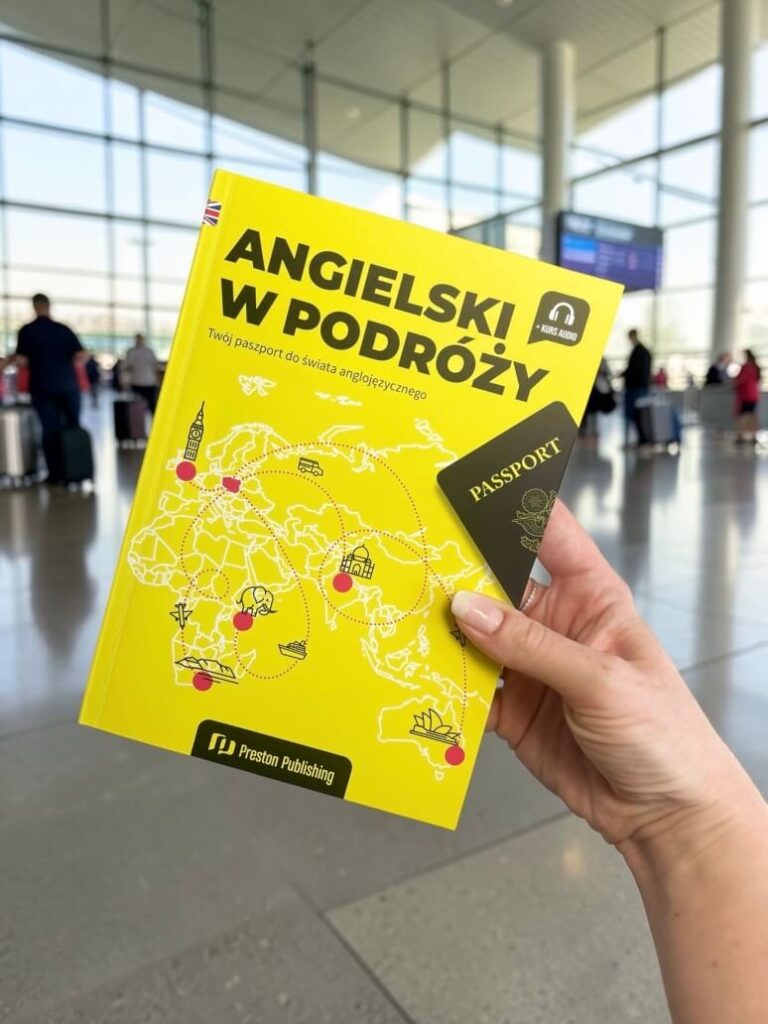 ksiazka Angielski w podrozy od Preston Publishing na tle hali odlotow lotniska