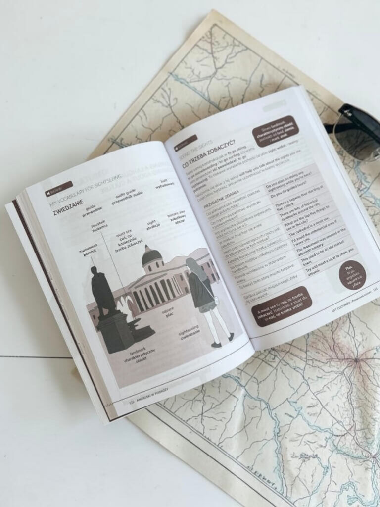 rozkladowka ksiazki Angielski w podrozy od Preston Publishing na tle mapy i okularow przeciwslonecznych