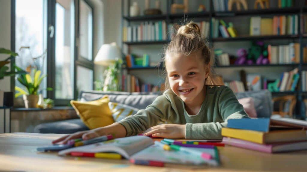 dziecko z radoscia uczy sie jezyka z kolorowymi ilustracjami ksiazki Preston Publishing