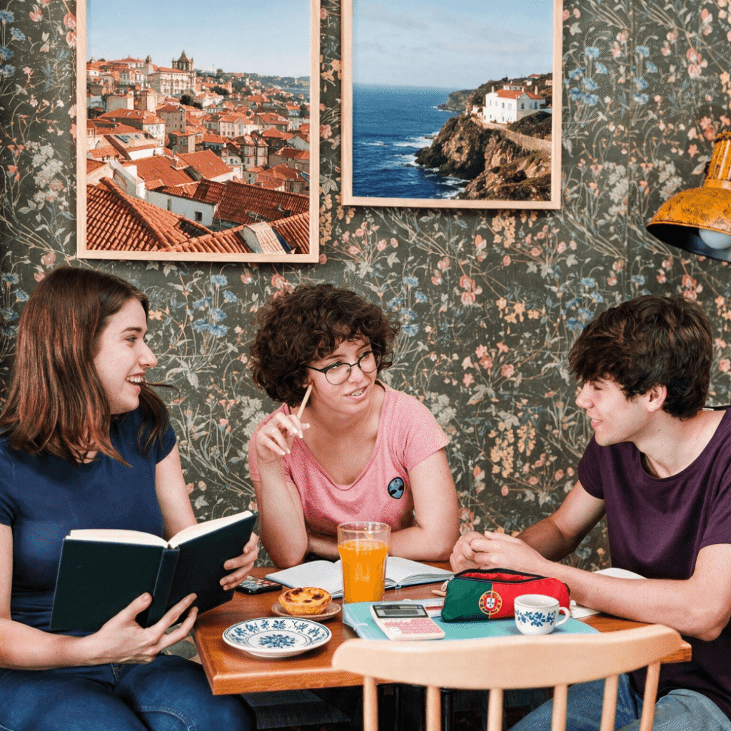 grupa studentow uczacych sie jezyka portugalskiego w kawiarni smakujaca portugalskie przysmaki z krajobrazami portugalskimi w tle nauka jezykow z Preston Publishing