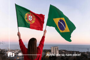 dziewczyna trzymajaca dwie flagi portugalska i brazylijska i powiewajaca nimi na wietrze nauka portugalskiego europejskiego lub brazylijskiego z Preston Publishing